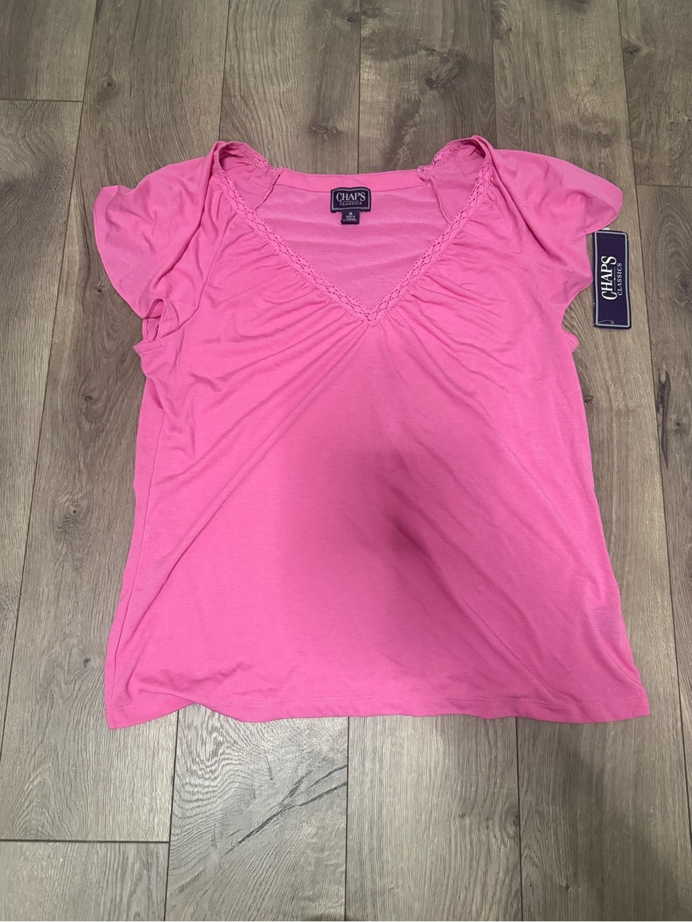 Chaps Hot Pink V-Neck Short Sleeve Top with Lace Trim